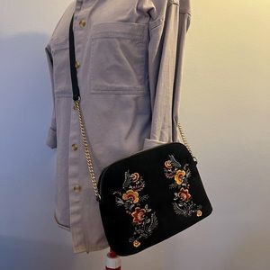 Black Suede Bohemian Floral Shoulder Bag